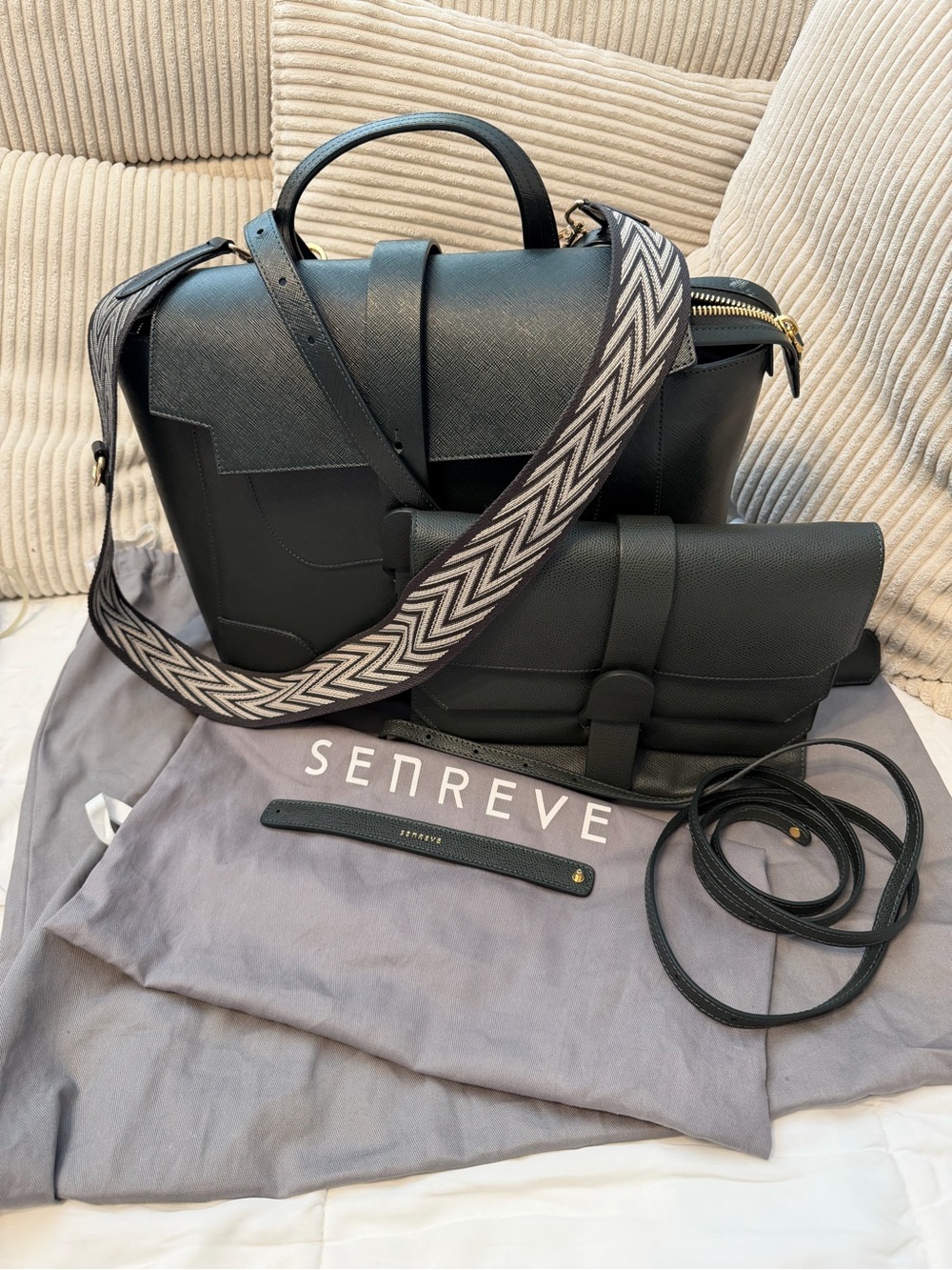 Senreve Maestra Forest Leather Tote with Chevron Strap and Crossbody